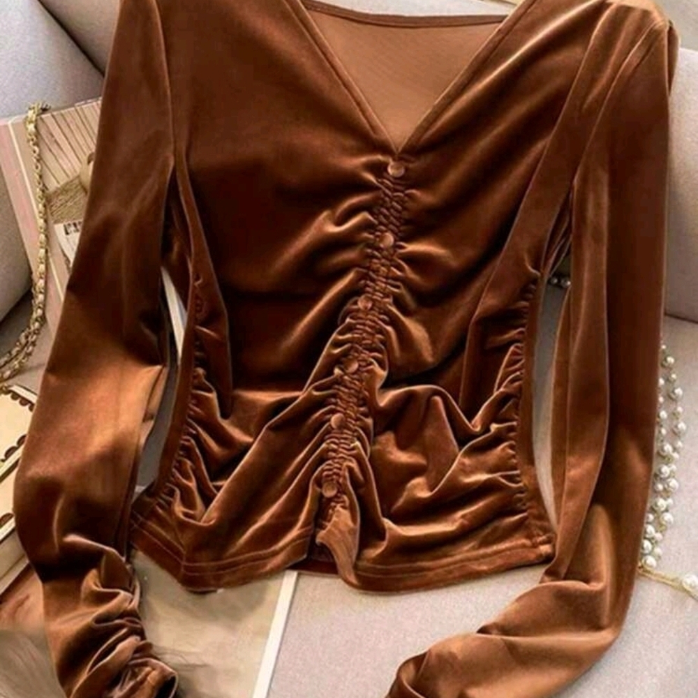 Ruched Velvet Long-Sleeve Blouse - Brown